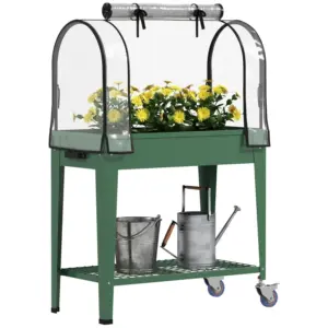 Best Raised Planter with Greenhouse Cover, Mobile Elevated Garden Bed with Wheels and Bottom Shelf for Vegetables, Green