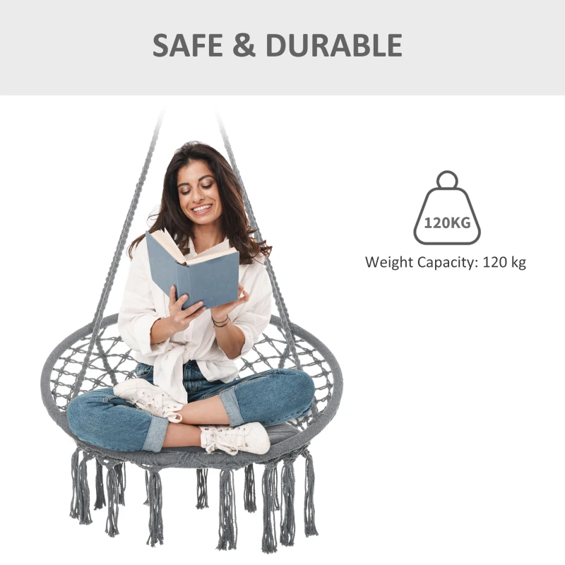 Best Outdoor Cotton-Polyester Blend Macrame Hanging Rope Chair with Cushion, Portable Garden Chair with Fringe Tassels for Patio, Deck, Tree, Grey - Image 6