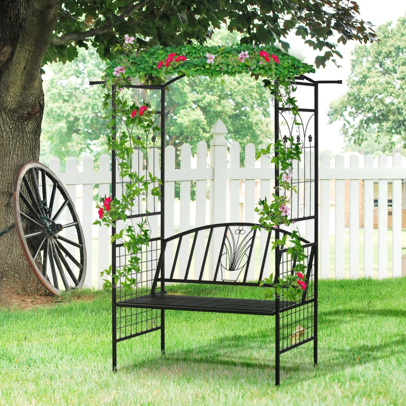 Best Steel Frame Outdoor Garden Arch w/ 2-Seater Bench Flower Climber Black - Image 2