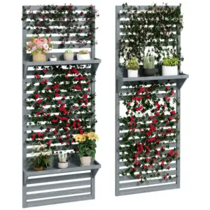 Best Wall Mounted Plant Stands Set of 2, Fir Wood Flower Stand with Shelves and Slatted Trellis for Patio, Balcony, Porch