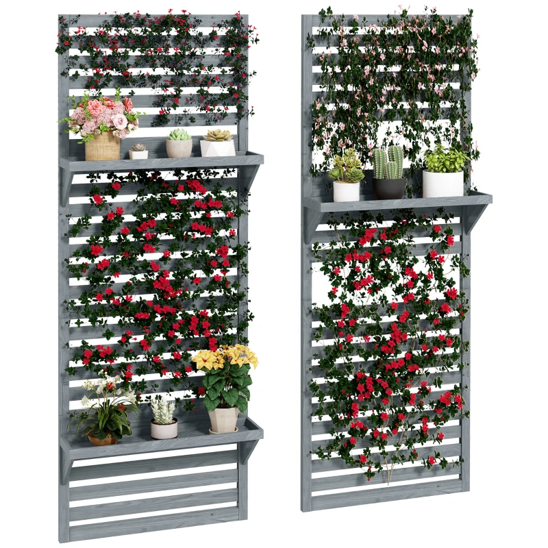 Best Wall Mounted Plant Stands Set of 2, Fir Wood Flower Stand with Shelves and Slatted Trellis for Patio, Balcony, Porch