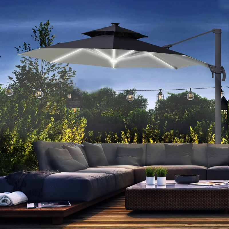 Best 3m Cantilever Parasol w/ Solar Lights Power Bank Base 360° Spin Dark Grey - Image 2