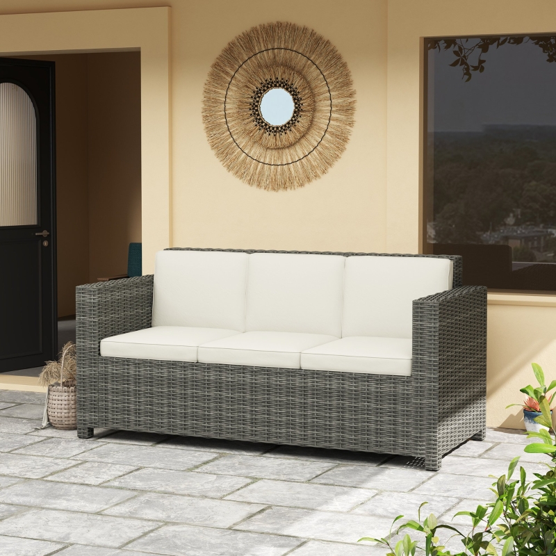 Best 3 Seater Rattan Sofa All-Weather Wicker Weave Metal Frame Chair with Fire Resistant Cushio-Cream - Image 10