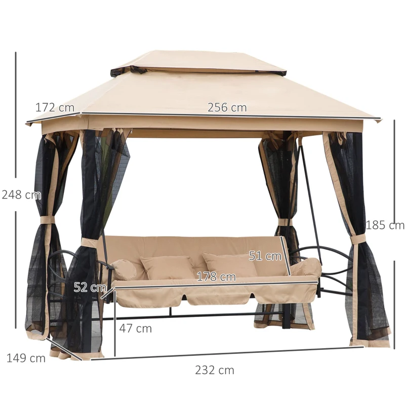 Best 3 Seater Swing Chair 3-in-1 Convertible Garden Swing Seat Bed Gazebo Patio Bench Outdoor with Double Tier Canopy, Cushioned Seat, Mesh Sidewalls, Beige - Image 3