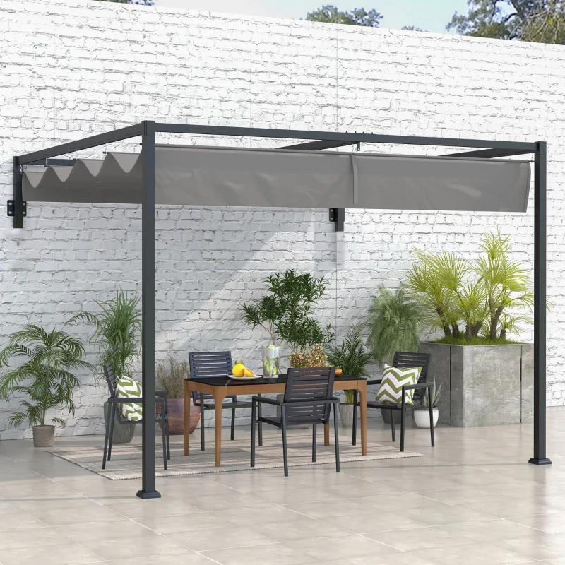 Best 3 x 4m Lean To Steel Pergola, with Moving Fabric Canopy - Dark Grey - Image 2