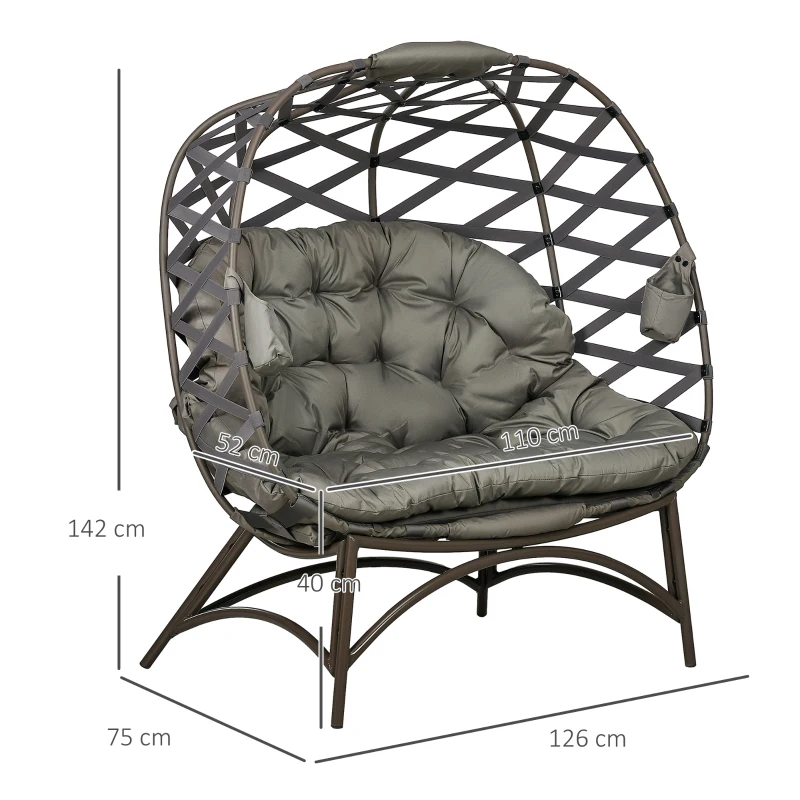 Best 2 Seater Egg Chair Outdoor, Folding Weave Garden Furniture Chair with Cushion, Cup Pockets - Sand Brown - Image 3