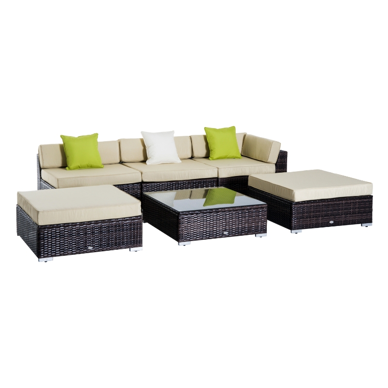 Best 6 PC Rattan Sofa Coffee Table Set Sectional Wicker Weave Furniture for Garden Outdoor Conservatory w/ Pillow Cushion Brown - Image 13