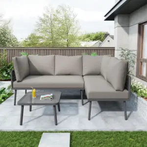 Modern Space-Saving L-Shaped Corner Sofa with Glass Coffee Table, Outdoor Garden Lounge Set for 4-5 People, 120L x 60W x 86H cm, Grey