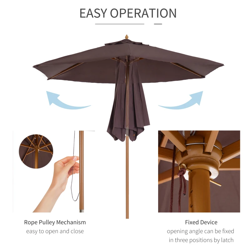 Best 2.5m Wood Garden Parasol Sun Shade Patio Outdoor Wooden Umbrella Canopy Coffee - Image 5