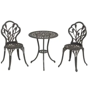 Best 3 Piece Patio Bistro Set for 2, Outdoor Aluminium Garden Table and Chairs with Umbrella Hole for Balcony, Bronze Tone