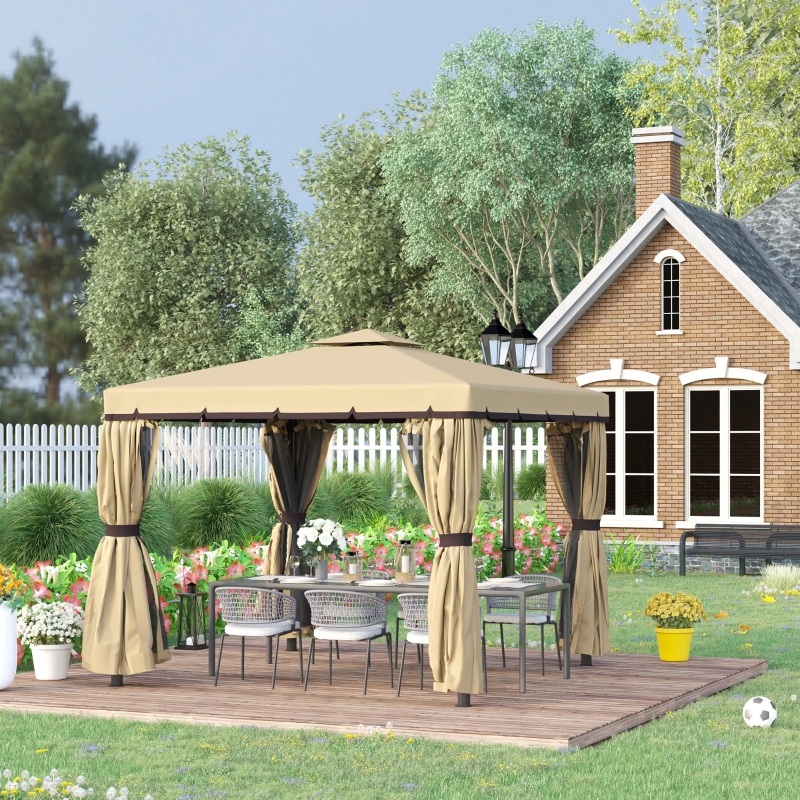 Best 3 x 3(m) Patio Gazebo Canopy Garden Pavilion Tent Shelter with 2 Tier Water Repellent Roof, Mosquito Netting and Curtains, Aluminium Frame, Beige - Image 10