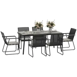Best 6 Seater Garden Dining Set with Soft Cushions, Rattan Backrest, Rectangular Plastic Top, Garden Furniture Set, Outdoor Dining Table and Chairs for Patio, Balcony, Poolside, Grey