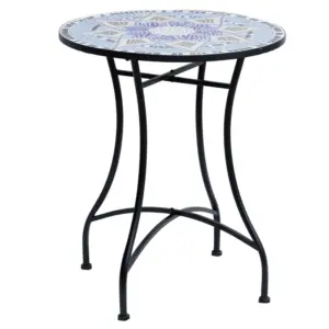 Best Outdoor Mosaic Round Garden Table, Patio Bistro Coffee Side Table with 60cm Ceramic Top for Garden, Blue and White