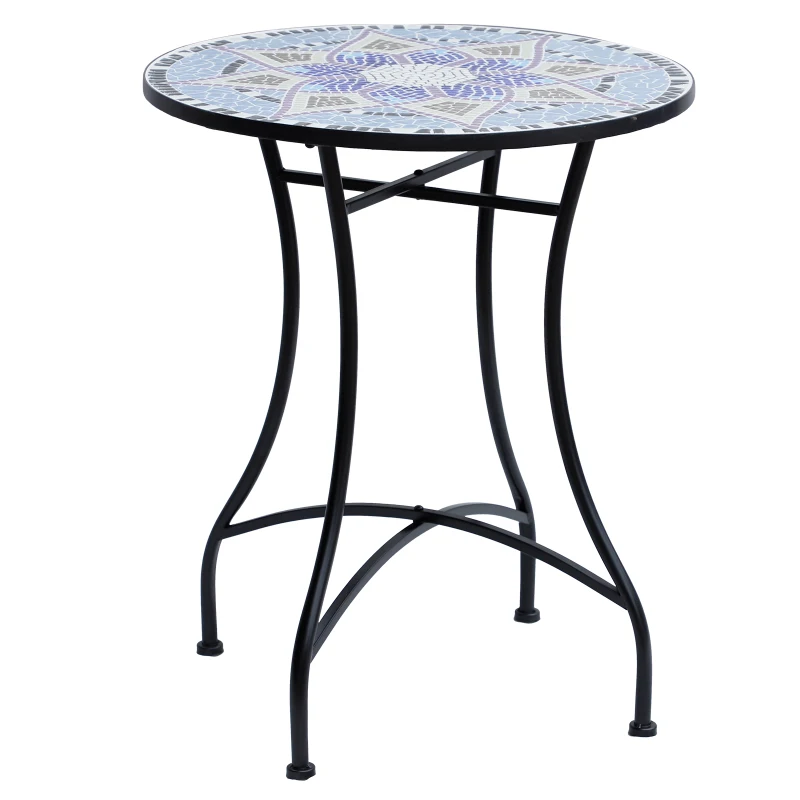 Best Outdoor Mosaic Round Garden Table, Patio Bistro Coffee Side Table with 60cm Ceramic Top for Garden, Blue and White
