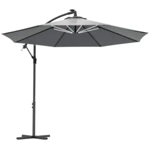 Best 3(m) Cantilever Parasol with Solar LED Lights, Garden Umbrella with Cross Base and Crank Handle, Hanging Offset Banana Sun Shade for Outdoor, Patio, Grey
