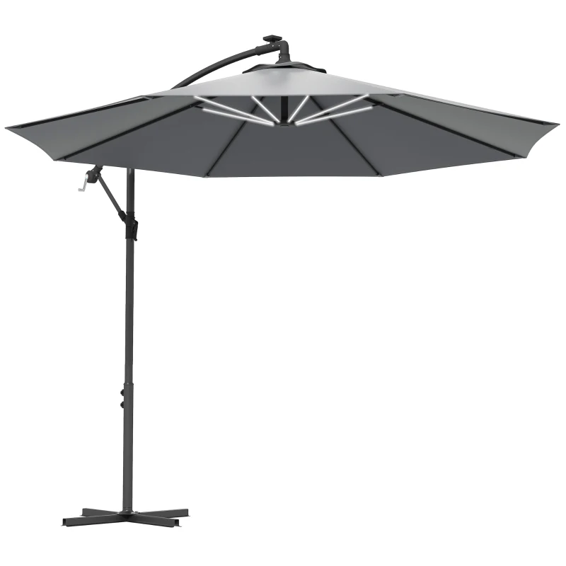 Best 3(m) Cantilever Parasol with Solar LED Lights, Garden Umbrella with Cross Base and Crank Handle, Hanging Offset Banana Sun Shade for Outdoor, Patio, Grey