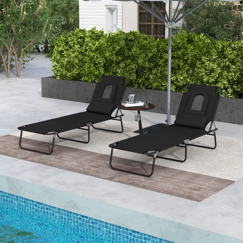 Best Outdoor Folding Sun Lounger Set of 2 with Face Hole, 4 Level Adjustable Backrest Reclining Garden Lounger, Garden Recliner Sunbed with 600 D Oxford Cloth Seat and Pillow for Beach, Black - Image 10