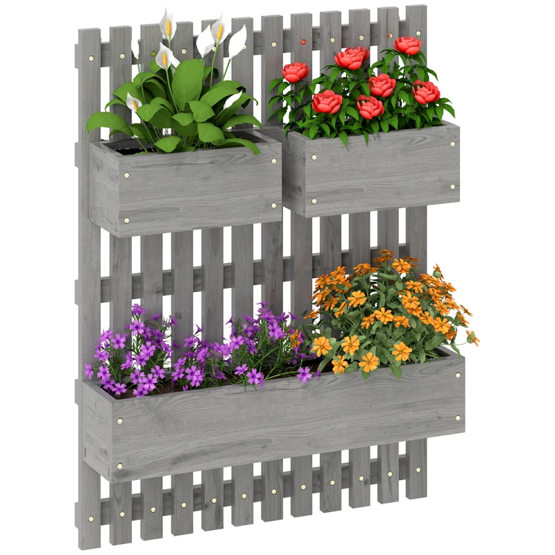 Best Wall-mounted Wooden Garden Planters with Trellis, Drainage Holes and 3 Planter Boxes for Patio, Grey