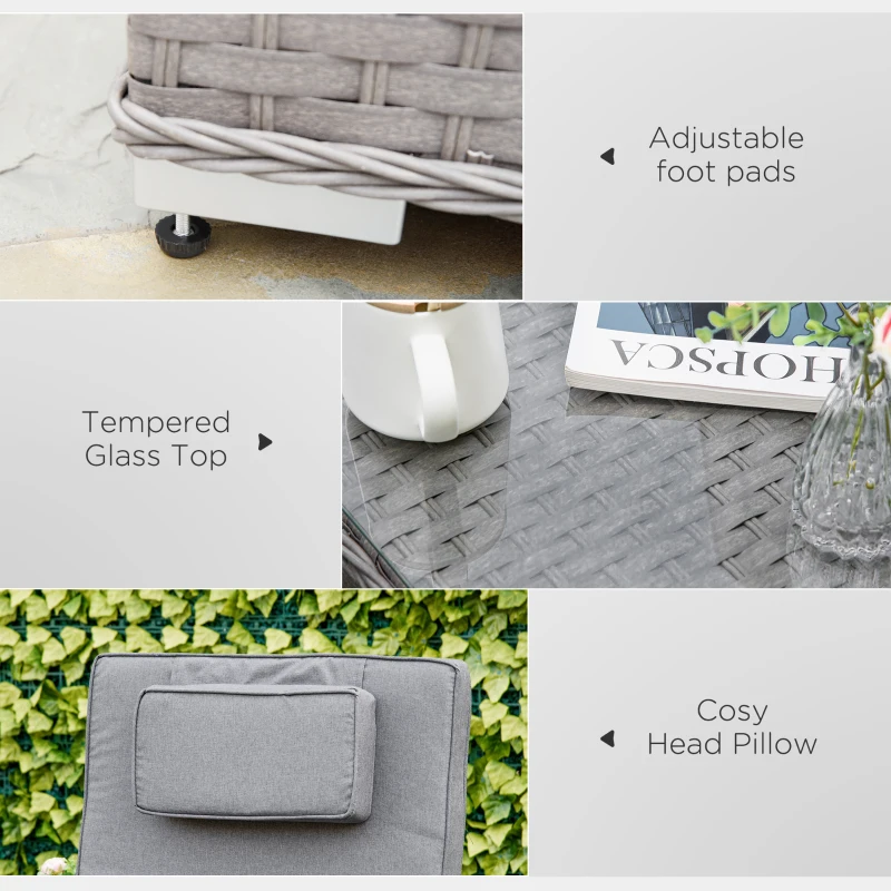 Best 3 Pieces Rattan Sun Lounger Set with Aluminium Frame, 5-Position Adjustable Reclining Garden Chairs and Glass Top Table, Wicker Garden Furniture Daybed with Cushions for Patio, Grey - Image 7