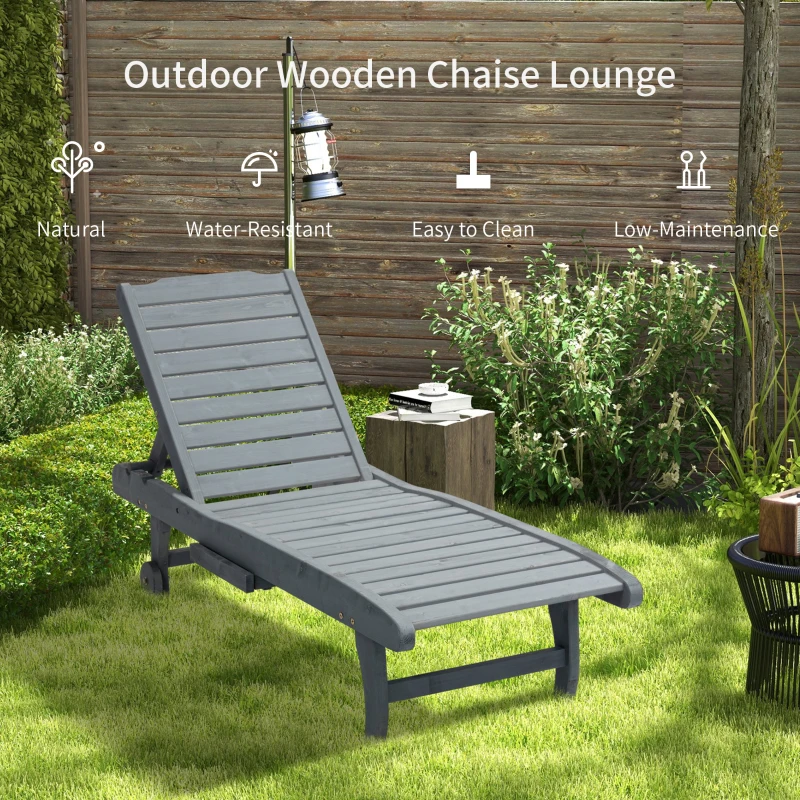 Best Garden Patio Sun Lounger, Outdoor Wooden Sun Bed with Built-In Table, Reclining Backrest and Rolling Wheels for Sunbathing, Grey - Image 7