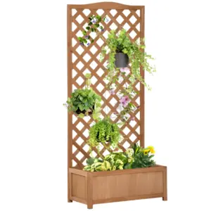 Best 53L Garden Wooden Planter Box with Trellis Free Standing Flower Raised Bed with Lattice for Climbing Plants, 76cm x 36cm x 170cm, Brown