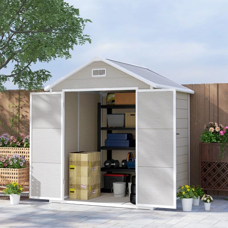 Best 6 x 5ft Garden Shed, Plastic Shed with Floor, Window, Lockable Doors and Vents, Wood Effect Resin Tool Shed for Outdoor Patio, Light Grey - Image 2