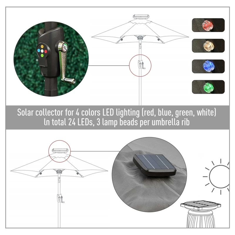 Best Φ2.7m Garden 24 LED Light Parasol Solar Outdoor Tilt Sun Umbrella Patio Club Party Event Manual Sun Shade w/ Hand Crank and 8 Ribs, Grey - Image 4