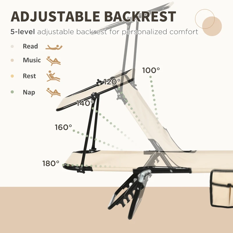 Best 2 Piece Folding Sun Loungers with Canopy, Adjustable Recliner Garden Chairs with Side Pocket, Steel Frame and Breathable Mesh for Outdoor, Pool, Beach, Garden, Tan Brown - Image 4