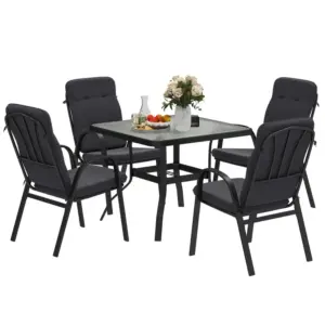 Best 5 Pieces Outdoor Square Garden Dining Set w/ Tempered Glass Dining Table 4 Cushioned Armchairs, Umbrella Hole, Black