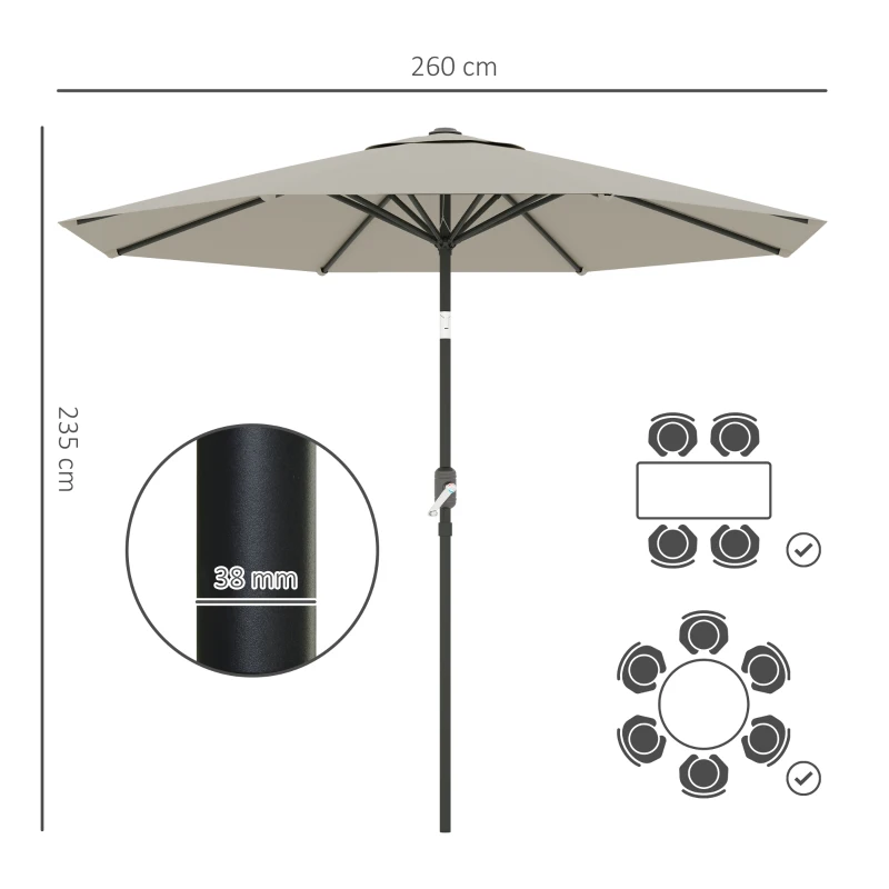Best 2.6M Garden Parasol Umbrella with Tilt and Crank, Outdoor Sun Parasol Sunshade Shelter with Aluminium Frame, Light Grey - Image 3