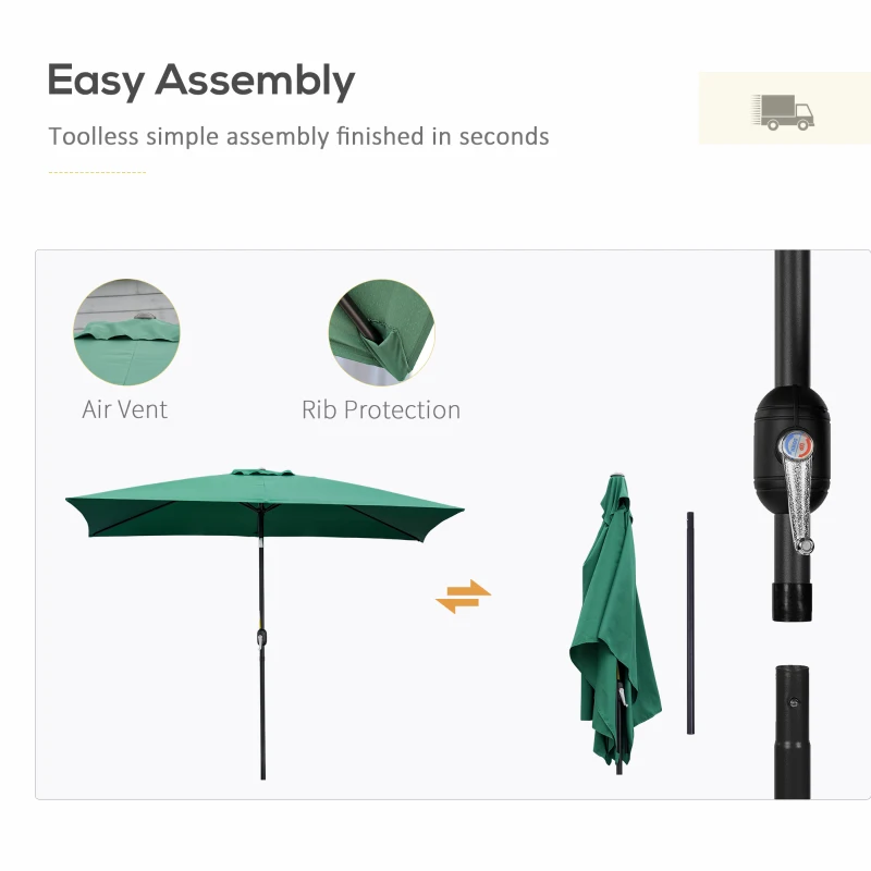 Best 3x2m Patio Parasol Garden Umbrellas Canopy with Aluminum Tilt Crank Rectangular Sun Shade Steel, Green - Image 6