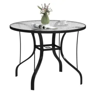 Best Tempered Glass Top Round Outdoor Dining Table with Parasol Hole, 96.5 x 96.5 x 71 cm