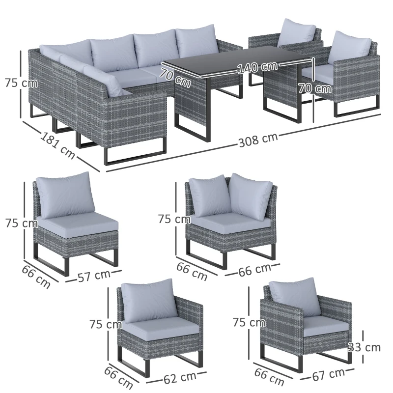 Best 9 Piece Rattan Garden Furniture Set, 8 Seater Garden Corner Sofa with Cushions and Glass Top Table, Sectional Outdoor Furniture Conservatory Set for Patio, Light Grey - Image 3