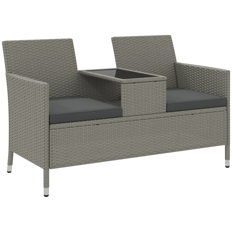 Best 2-Seater PE Rattan Outdoor Garden Bench w/ Centre Table Grey