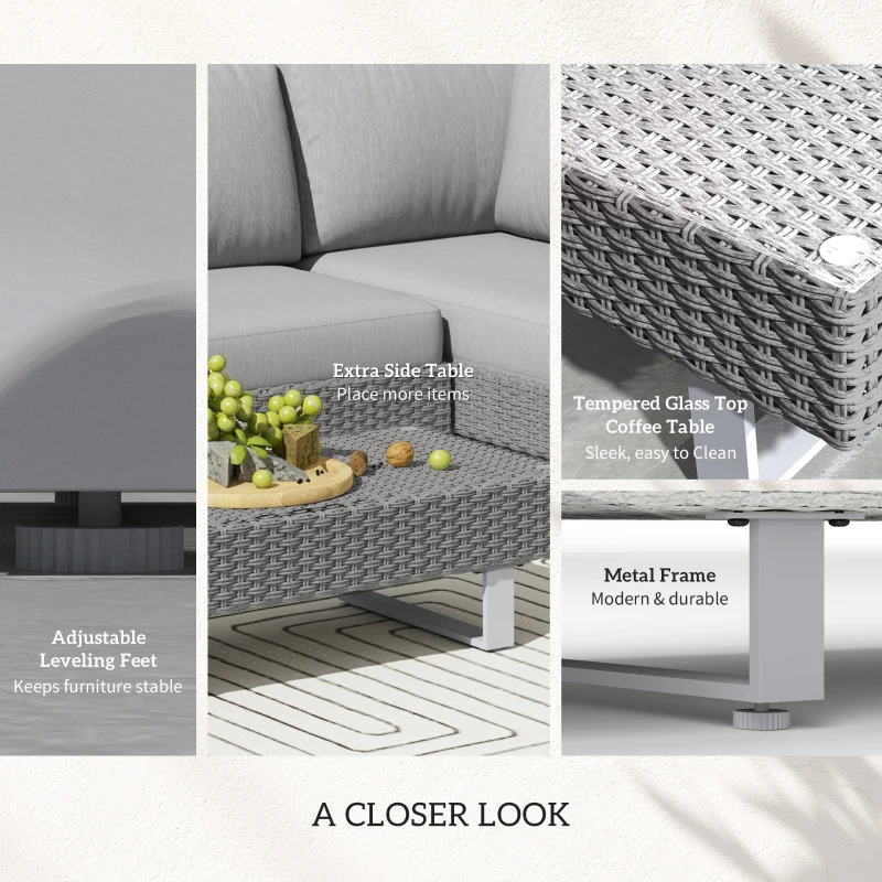 Best 5-Seater Rattan Wicker Sofa Set Furniture Patio Tea Table Set with Cushions, Light Grey - Image 6