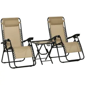 Best Folding Zero Gravity Chairs, 3 Pieces Adjustable Sun Lounger and Table Set with Cup Holder and Headrest, Patio Bistro Set with Reclining Garden Chairs for Outdoor, Beige