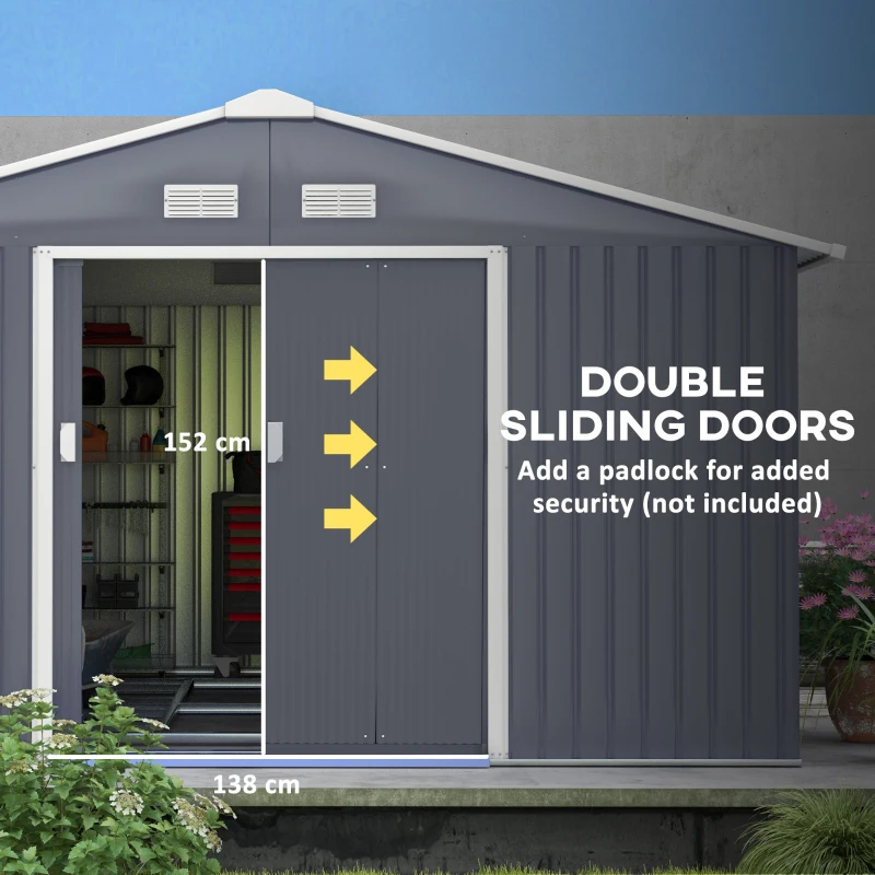 Best 13 x 11ft Metal Garden Shed, Outdoor Storage Tool House with Ventilation Slots, Foundation Kit and Lockable Double Doors, Grey - Image 5