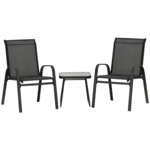 Best 3 Pieces Outdoor Bistro Set, Patio Stackable Armchairs with Breathable Mesh Fabric and SPC Board Coffee Table, Black