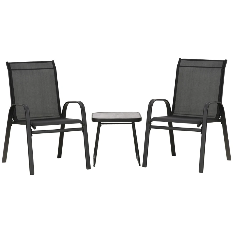 Best 3 Pieces Outdoor Bistro Set, Patio Stackable Armchairs with Breathable Mesh Fabric and SPC Board Coffee Table, Black