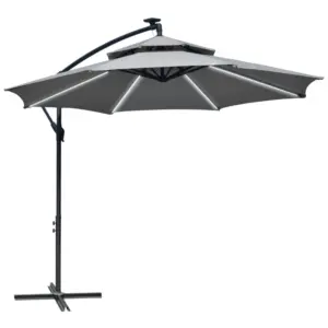 Best 3(m) Cantilever Banana Parasol Hanging Umbrella with Double Roof, LED Solar lights, Crank, 8 Sturdy Ribs and Cross Base for Outdoor, Garden, Patio, Light Grey