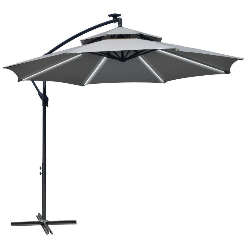 Best 3(m) Cantilever Banana Parasol Hanging Umbrella with Double Roof, LED Solar lights, Crank, 8 Sturdy Ribs and Cross Base for Outdoor, Garden, Patio, Light Grey