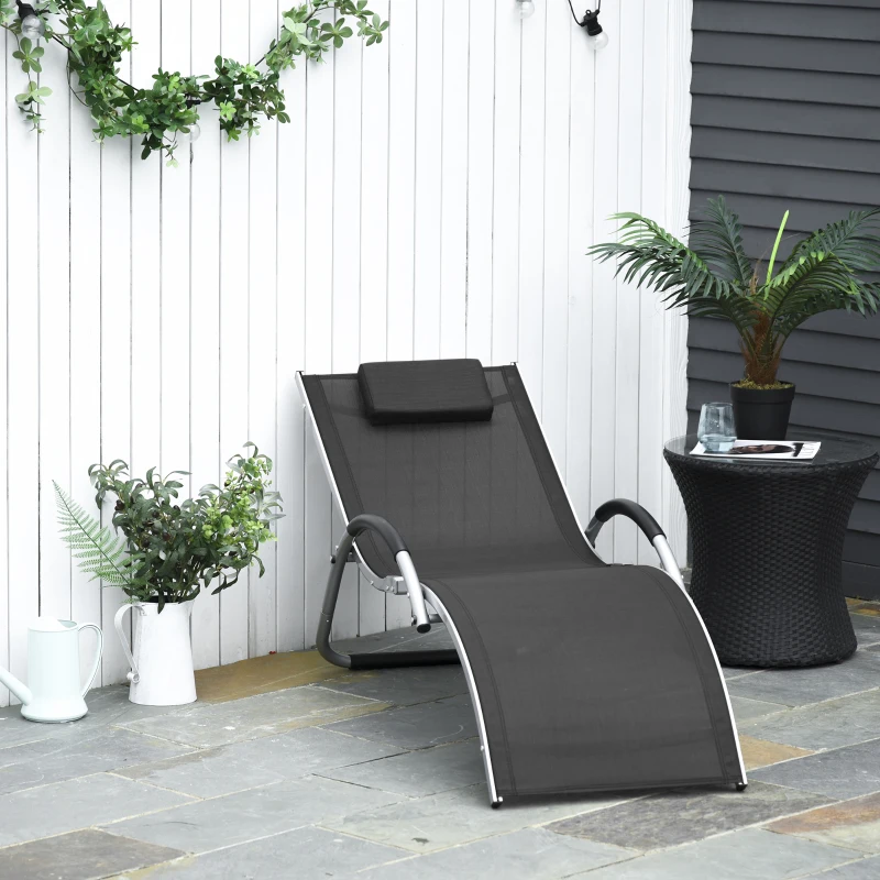 Best Sun Lounger Reclining Chair Portable Armchair with Pillow for Garden Patio Outside Aluminium Frame, Black - Image 2