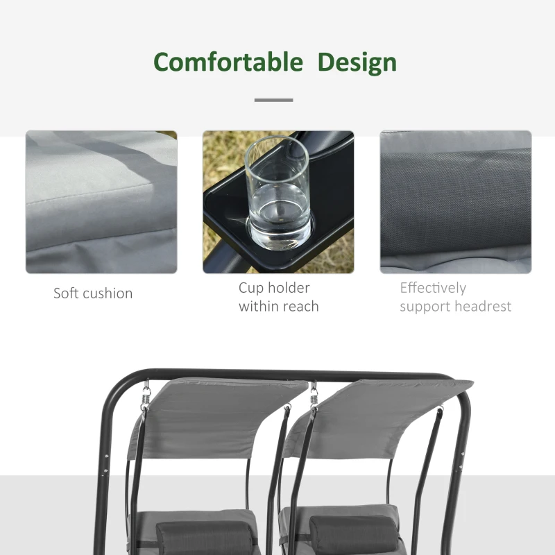 Best Canopy Swing 2 Separate Relax Chairs w/ Handrails and Removable Canopy Grey - Image 6
