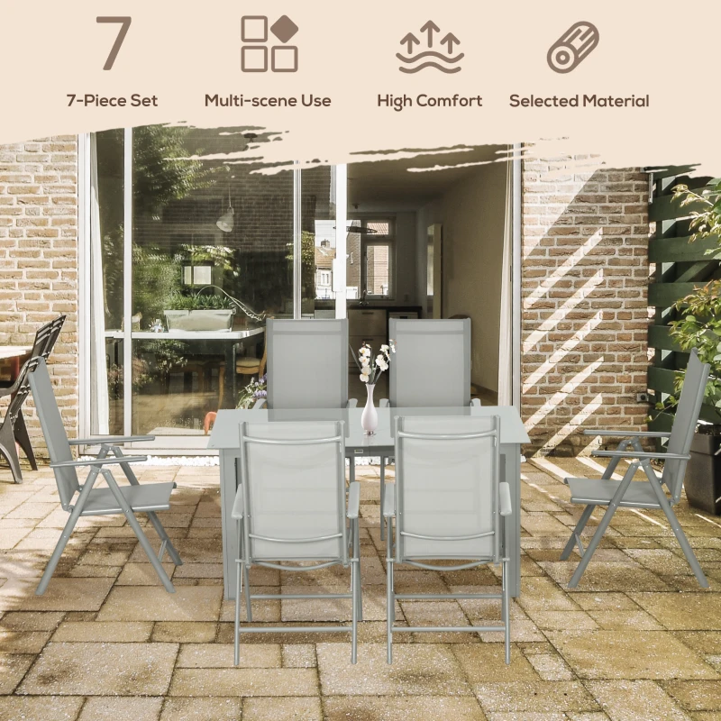 Best 7 Piece Garden Dining Set, Outdoor Table and 6 Folding and Reclining Chairs, Aluminium Frame, Tempered Glass Top Table, Texteline Seats, Grey - Image 4