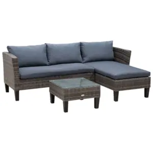 Best 3 Pcs Garden Sofa PE Rattan Set w/ 2 Seats Square Glass Top Coffee Table Thick Cushions Solid Legs Metal Frame Patio Outdoor Balcony Patio L Corner Shape - Grey