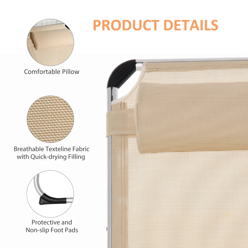 Best Foldable Outdoor Sun Lounger, Reclining Lounge Chair Camping Bed Cot with Pillow 4-Level Adjustable Back Aluminium Frame, Khaki - Image 5