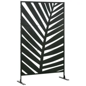 Best Decorative Privacy Screen with Stand, 6.5FT Freestanding Metal Outdoor Divider, Decorative Privacy Panel with Expansion Screws for Garden Patio Pool Hot Tub, Banana Leaf Style, Black