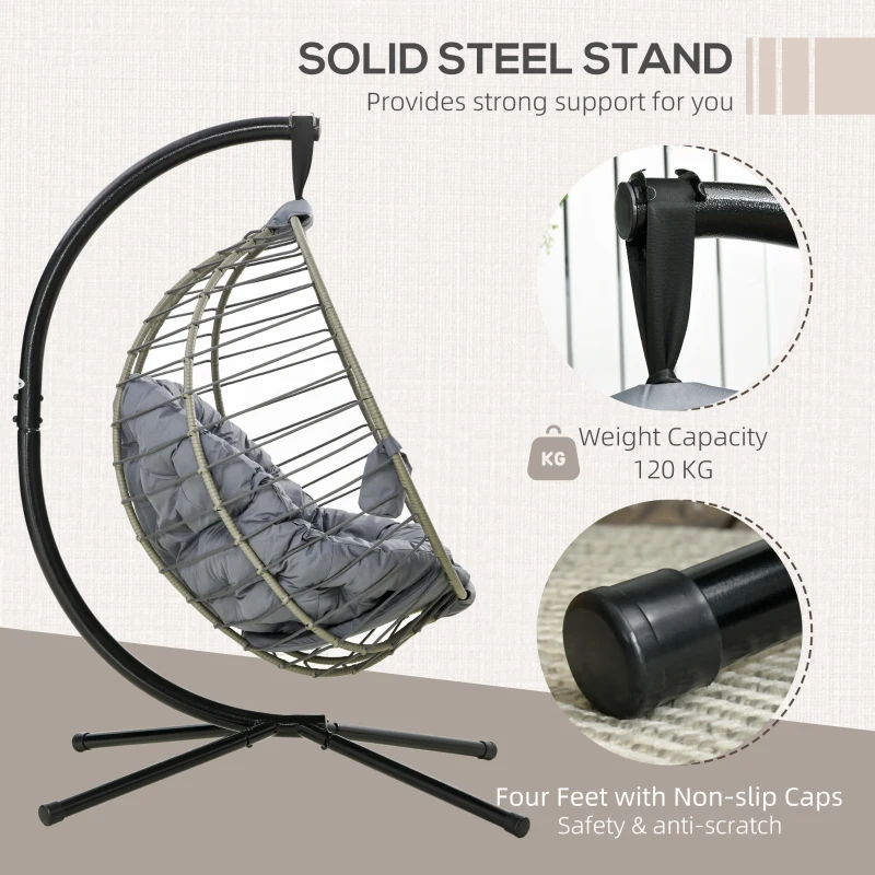 Best PE Rattan Swing Chair, Outdoor Hanging Chair with Metal Stand, Thick Padded Cushion, Foldable Basket and Cup Holder, for Indoor and Outdoor, Grey - Image 4