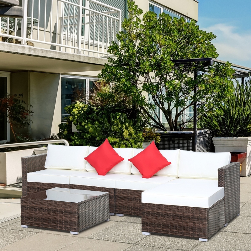 Best 6 Pieces Rattan Garden Furniture Set, 5 Seater Sectional Garden Corner Sofa Set with Glass Top Coffee Table, Cushions and Pillows, All-Weather Wicker Conversation Furniture, Cream White - Image 10