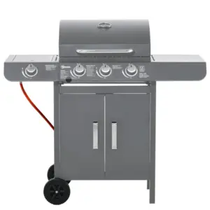 Best 3+1 Burner Gas BBQ Grill, Outdoor Barbecue Trolley with Wheels, Warming Rack, Side Shelves, Cabinet, Thermometer for Garden, Party, Camping, 110L x 50W x 100Hcm, Grey